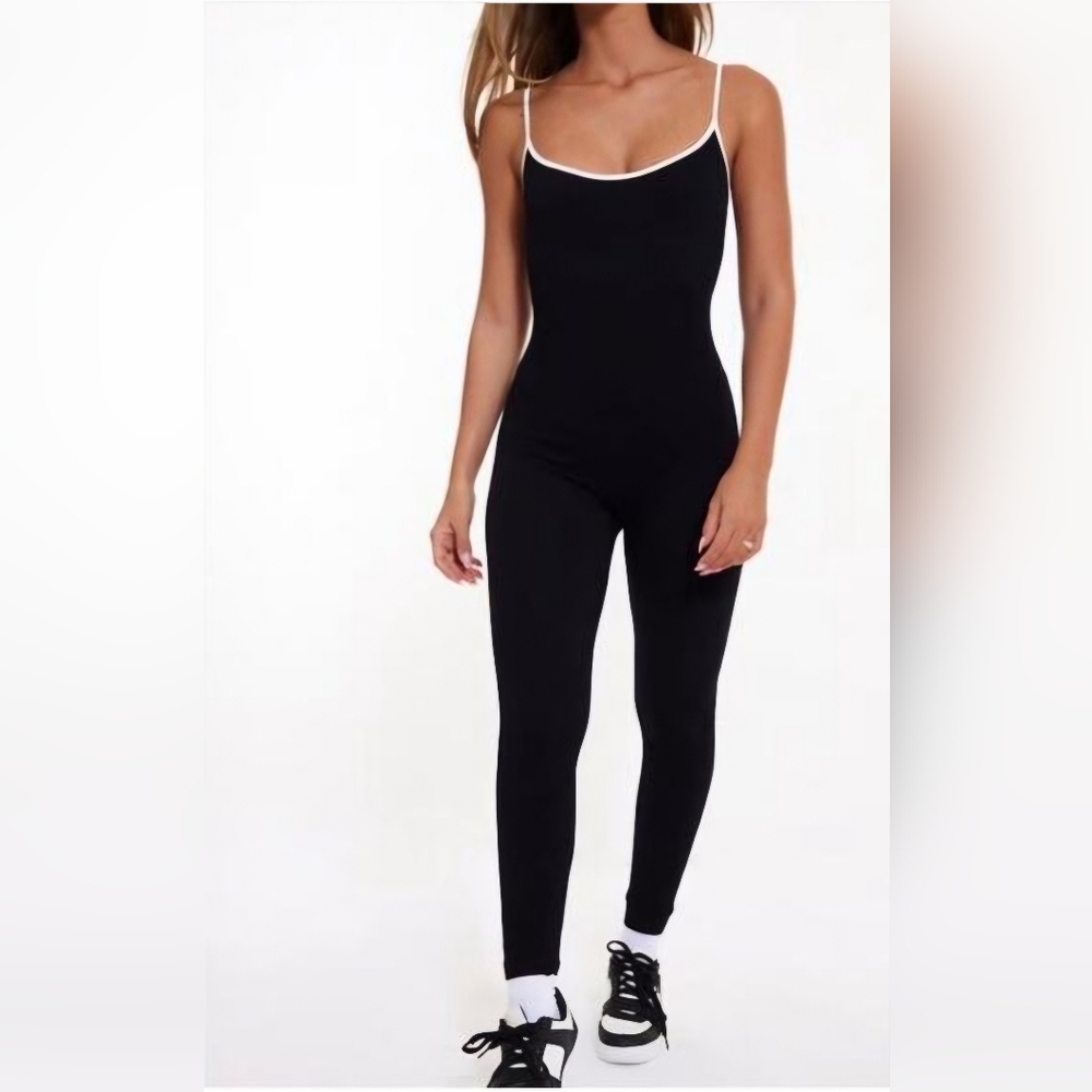 Black Spaghetti-Strap Jumpsuit with Contrast Trim